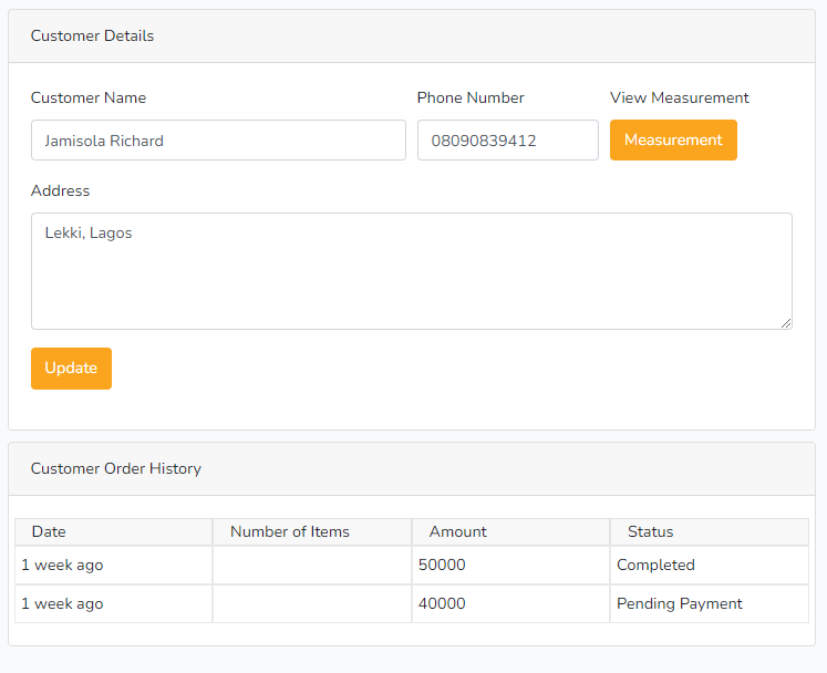 Customer Information, Measurement & Order History