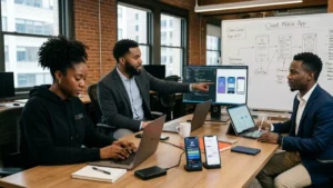 A Team of Mobile App Developers building a Mobile App Development for a client - Fortran House