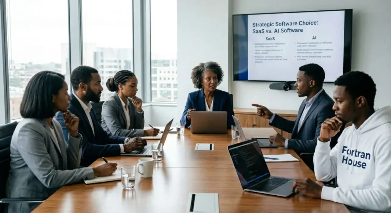 Board members and a developer from Fotran House delibrating on best Software For Business