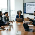 Board members and a developer from Fotran House delibrating on best Software For Business