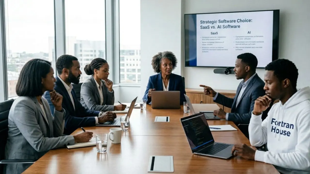 Board members and a developer from Fotran House delibrating on best Software For Business