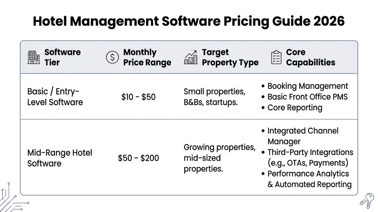 Comparison Table For Hotel Management Software Pricing Guide 2026 - Fortran House